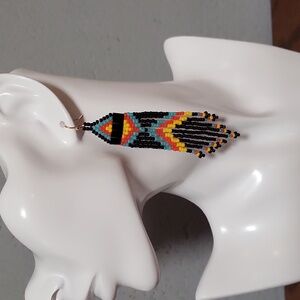 Beaded Earrings - Black Bugle beads, Black, Orange, Blue, & Yellow seed beads.